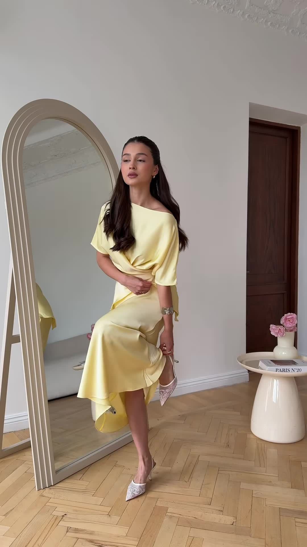 Lemon Satin Off-Shoulder Wrap Top & Maxi Skirt Set