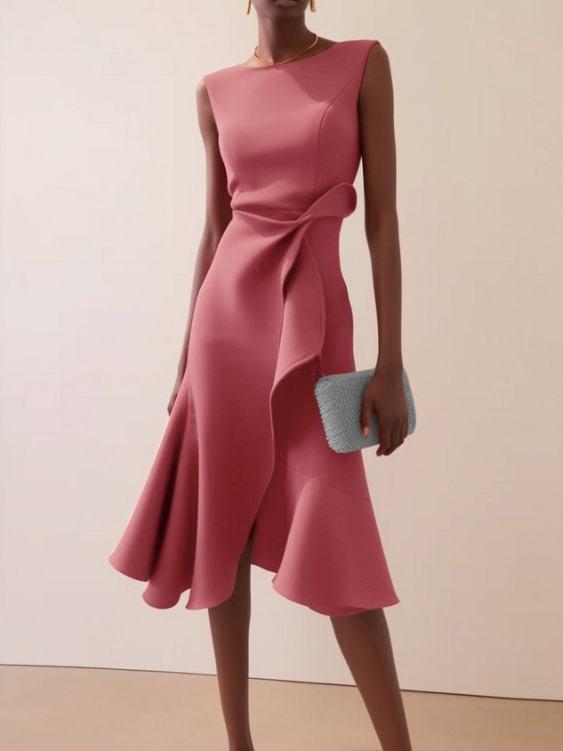 Twisted Knot Waist Midi Dress – Sleeveless Round Neck Office Dress | Oyese