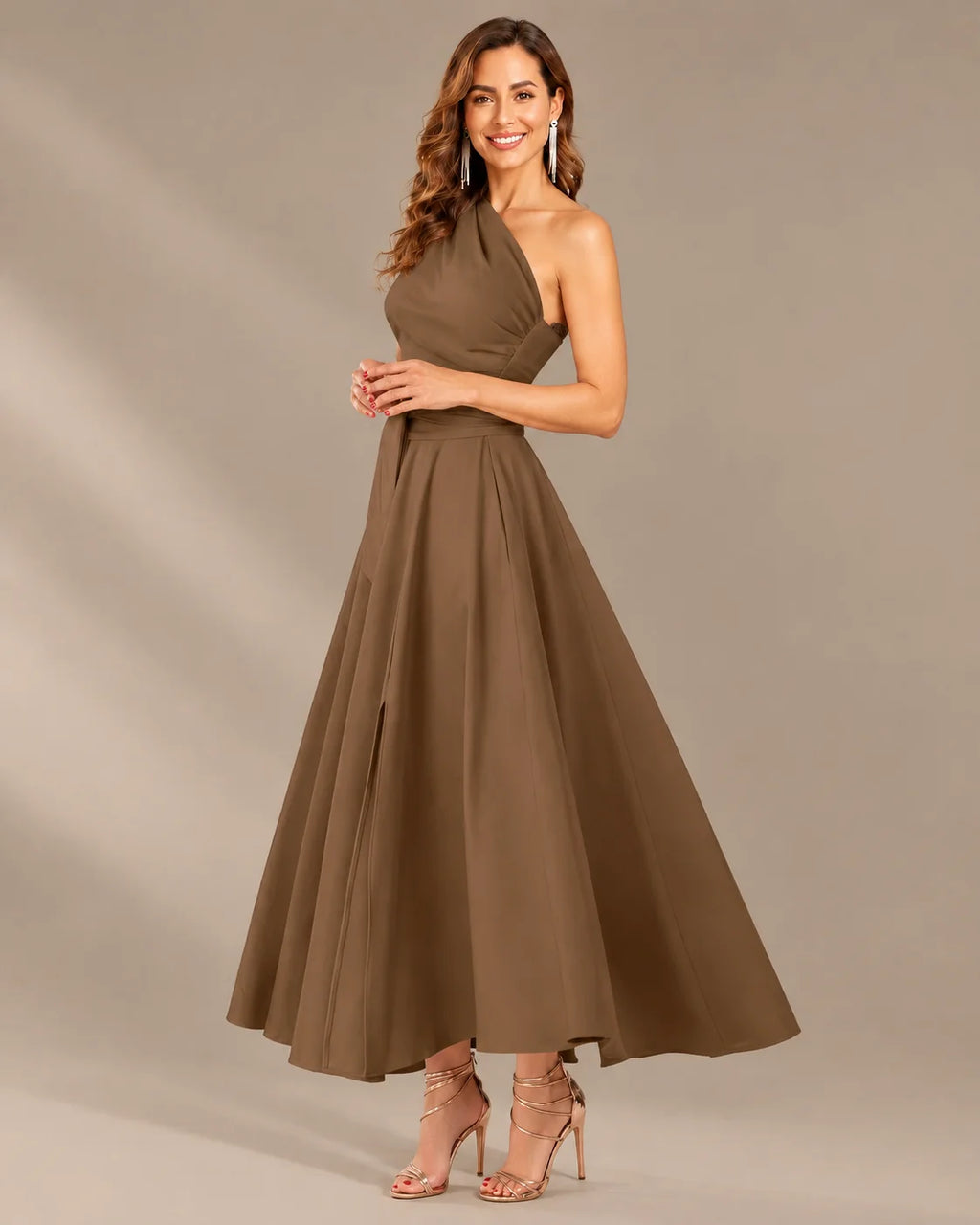 One-Shoulder Cap Sleeve Belted Fit and Flare Midi Dress | Oyese