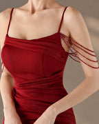 Spaghetti Strap Beaded Chain Draped Satin Mermaid Gown | Oyese