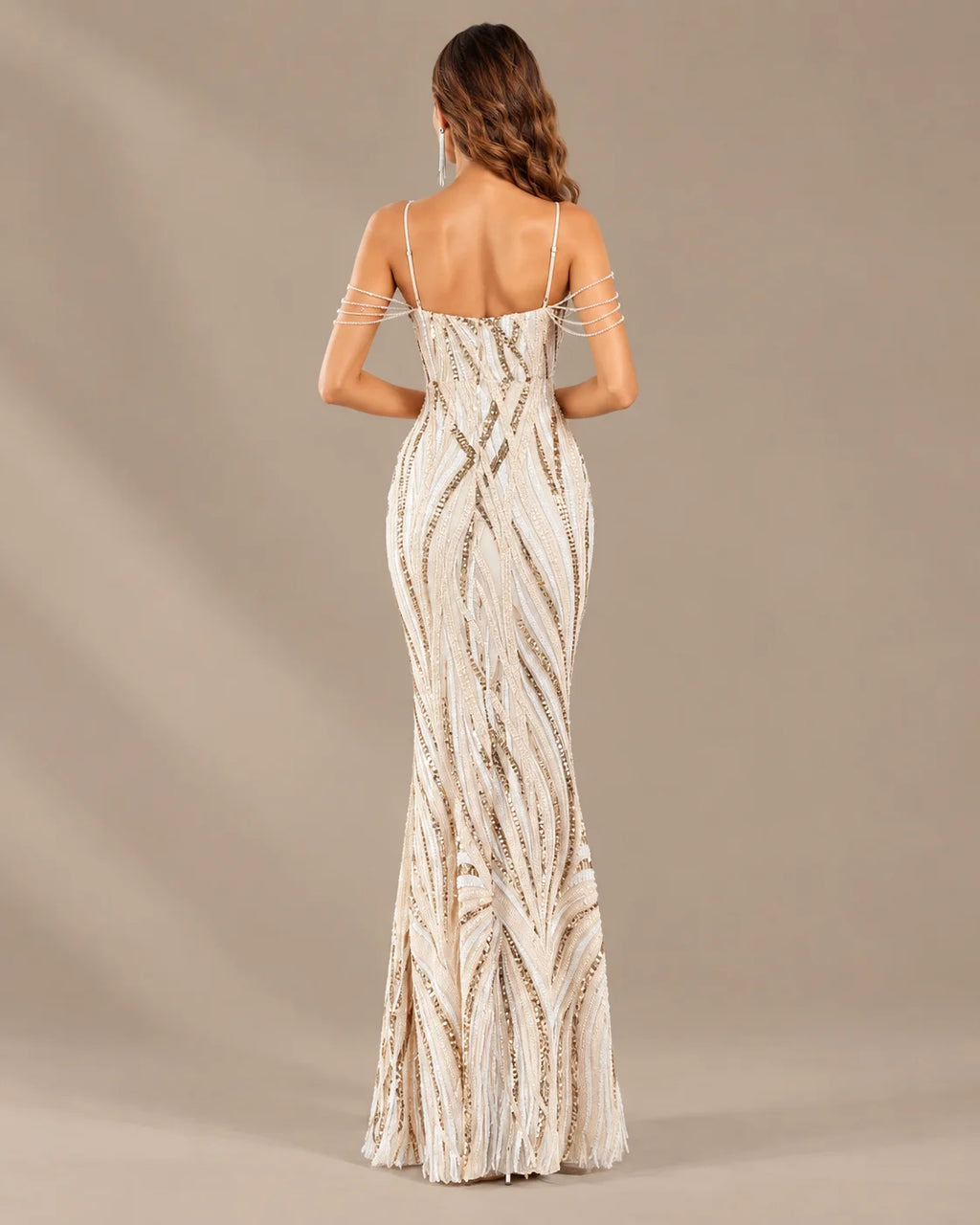 Spaghetti Strap Striped Sequin Mermaid Evening Gown | Oyese