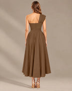 One-Shoulder Cap Sleeve Belted Fit and Flare Midi Dress | Oyese
