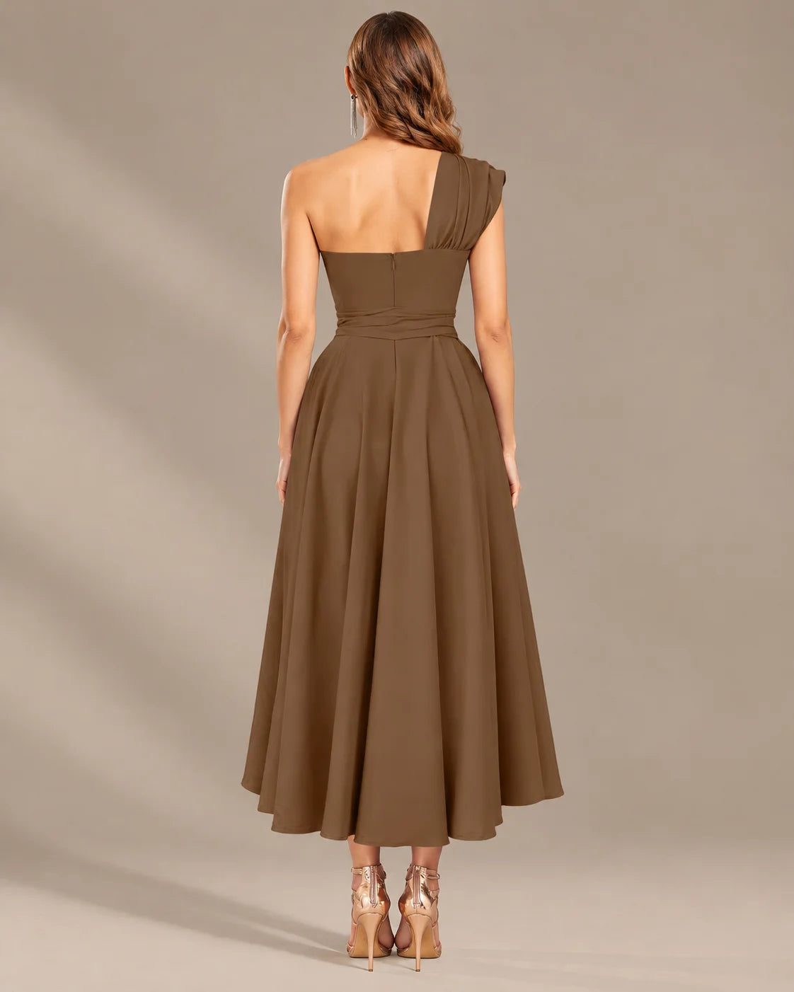 One-Shoulder Cap Sleeve Belted Fit and Flare Midi Dress | Oyese