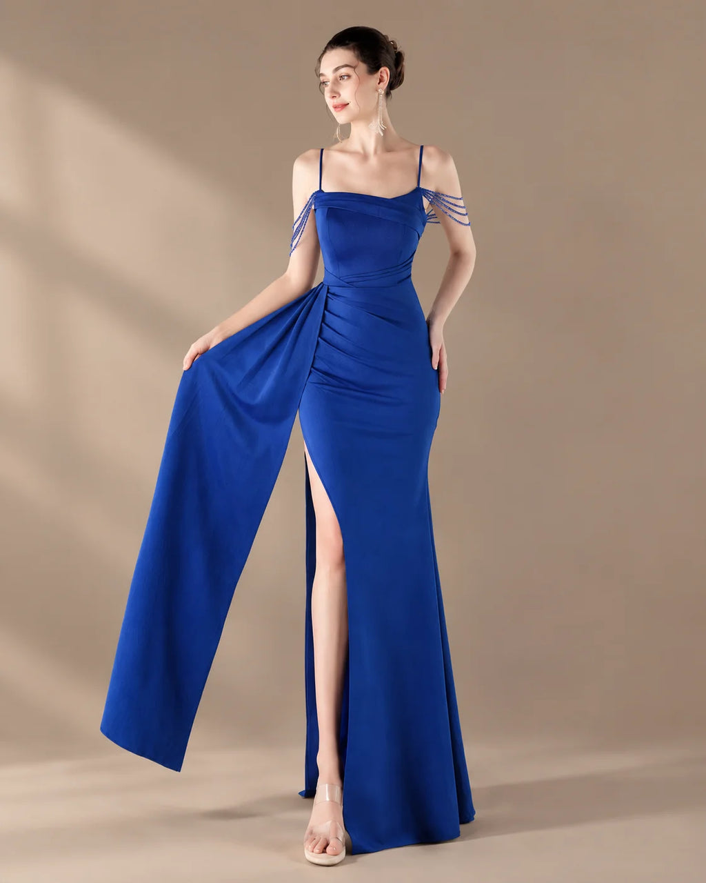 Spaghetti Strap Beaded Chain Draped Satin Mermaid Gown | Oyese