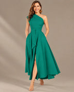 One-Shoulder Cap Sleeve Belted Fit and Flare Midi Dress | Oyese