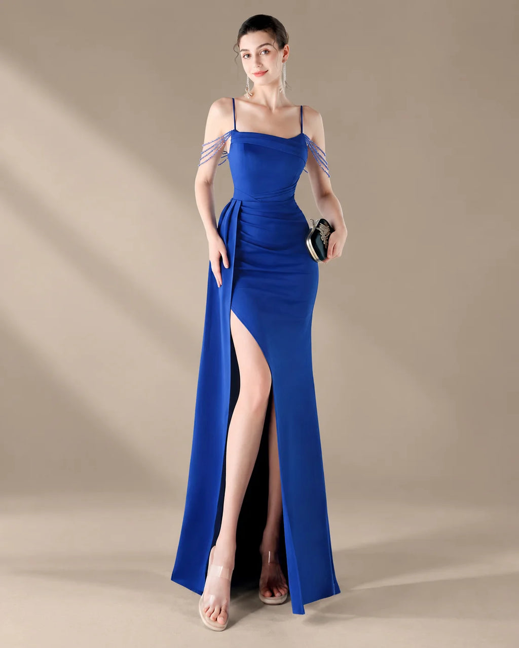 Spaghetti Strap Beaded Chain Draped Satin Mermaid Gown | Oyese