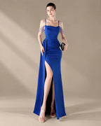Spaghetti Strap Beaded Chain Draped Satin Mermaid Gown | Oyese