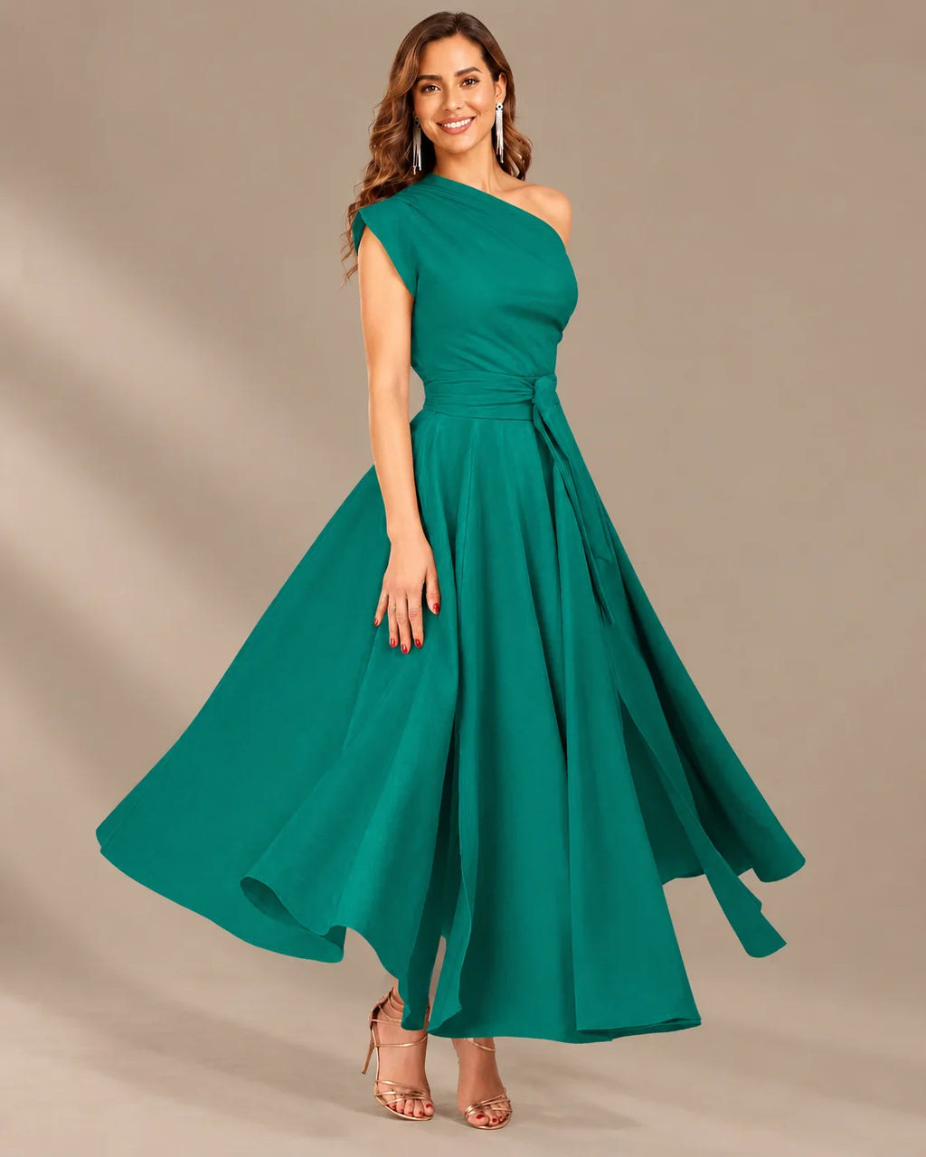One-Shoulder Cap Sleeve Belted Fit and Flare Midi Dress | Oyese