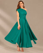 One-Shoulder Cap Sleeve Belted Fit and Flare Midi Dress | Oyese