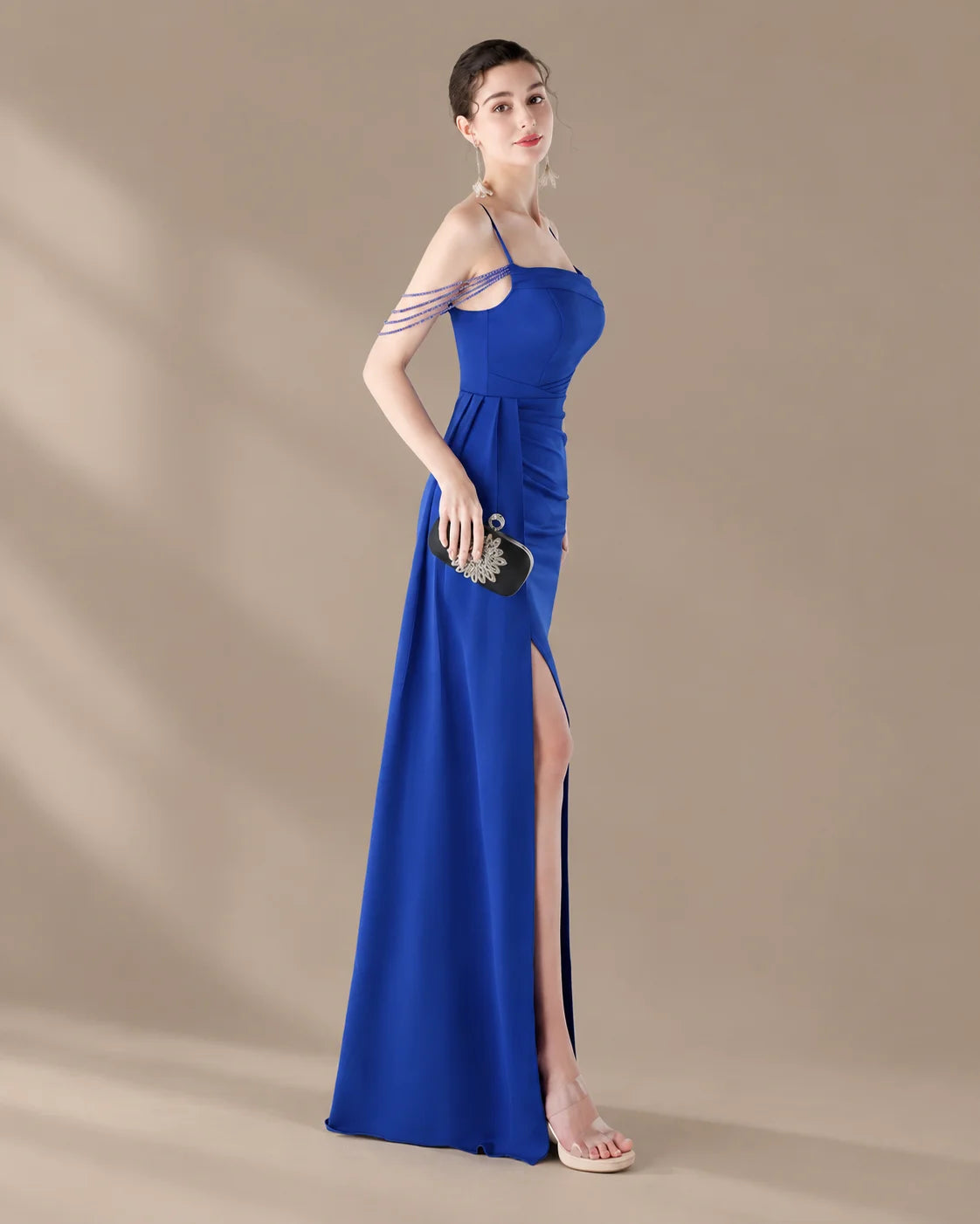 Spaghetti Strap Beaded Chain Draped Satin Mermaid Gown | Oyese