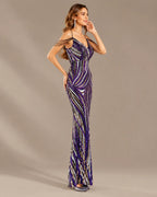Spaghetti Strap Striped Sequin Mermaid Evening Gown | Oyese
