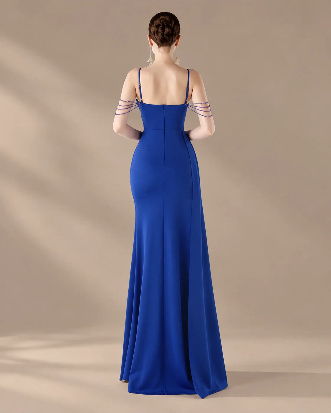 Spaghetti Strap Beaded Chain Draped Satin Mermaid Gown | Oyese
