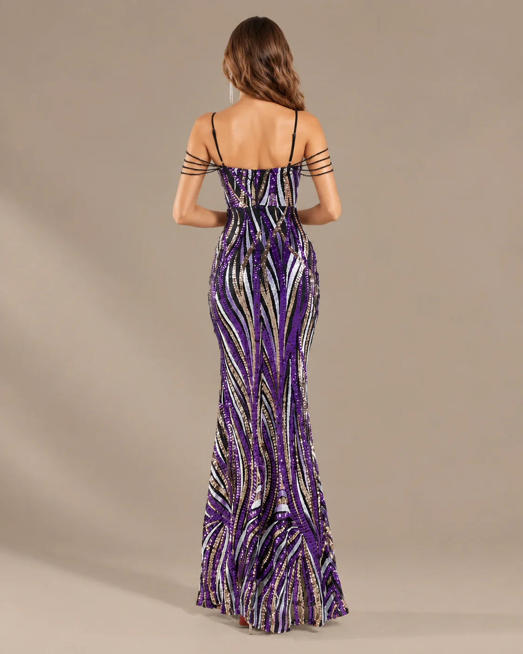 Spaghetti Strap Striped Sequin Mermaid Evening Gown | Oyese
