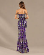 Spaghetti Strap Striped Sequin Mermaid Evening Gown | Oyese
