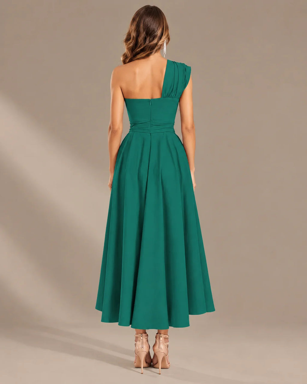 One-Shoulder Cap Sleeve Belted Fit and Flare Midi Dress | Oyese