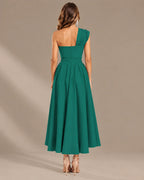 One-Shoulder Cap Sleeve Belted Fit and Flare Midi Dress | Oyese