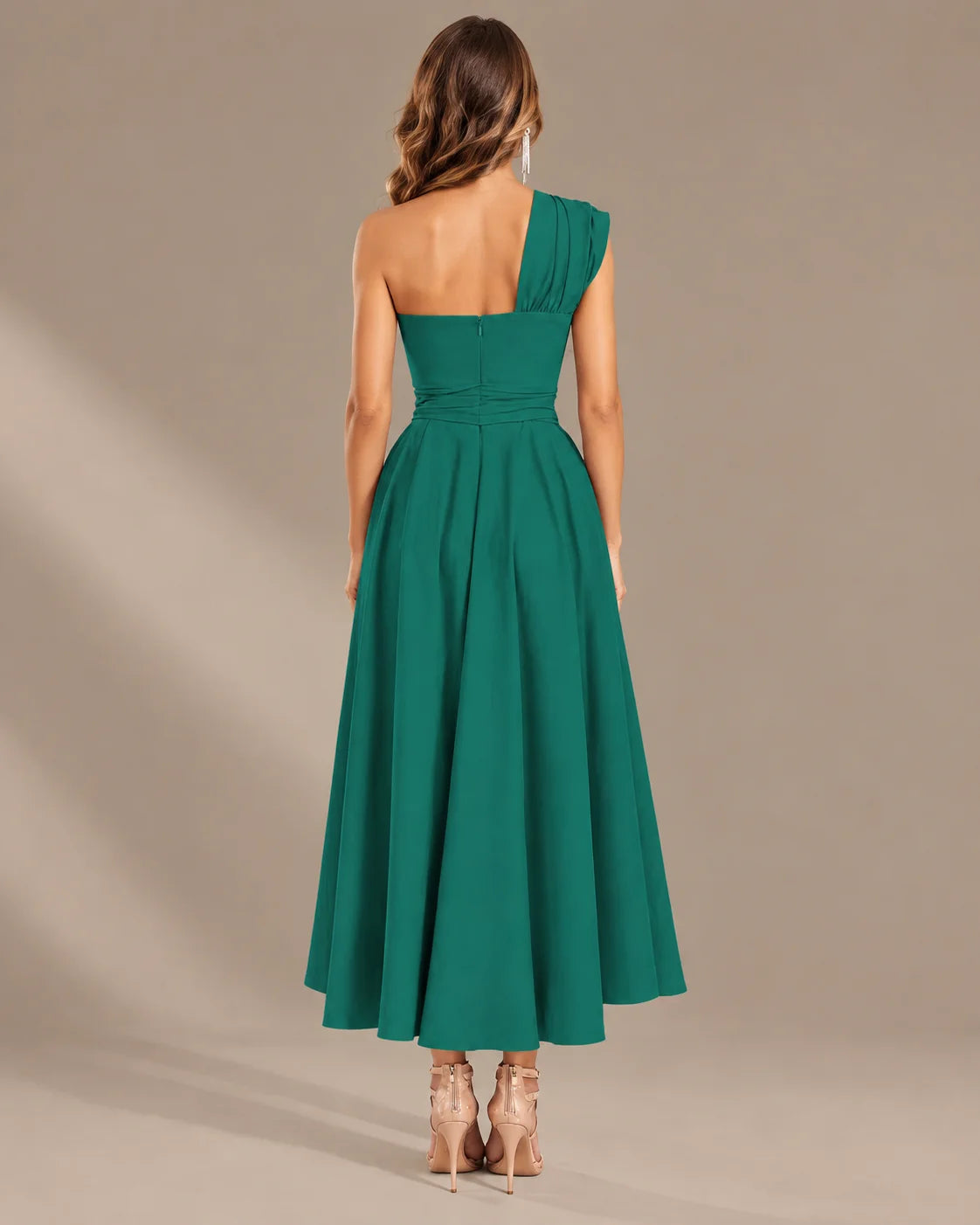 One-Shoulder Cap Sleeve Belted Fit and Flare Midi Dress | Oyese