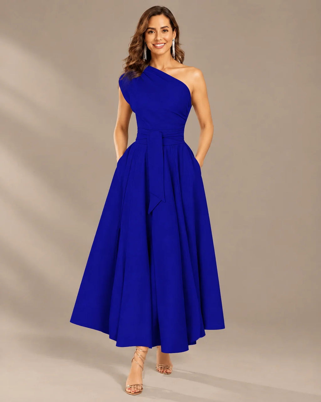 One-Shoulder Cap Sleeve Belted Fit and Flare Midi Dress | Oyese