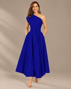 One-Shoulder Cap Sleeve Belted Fit and Flare Midi Dress | Oyese