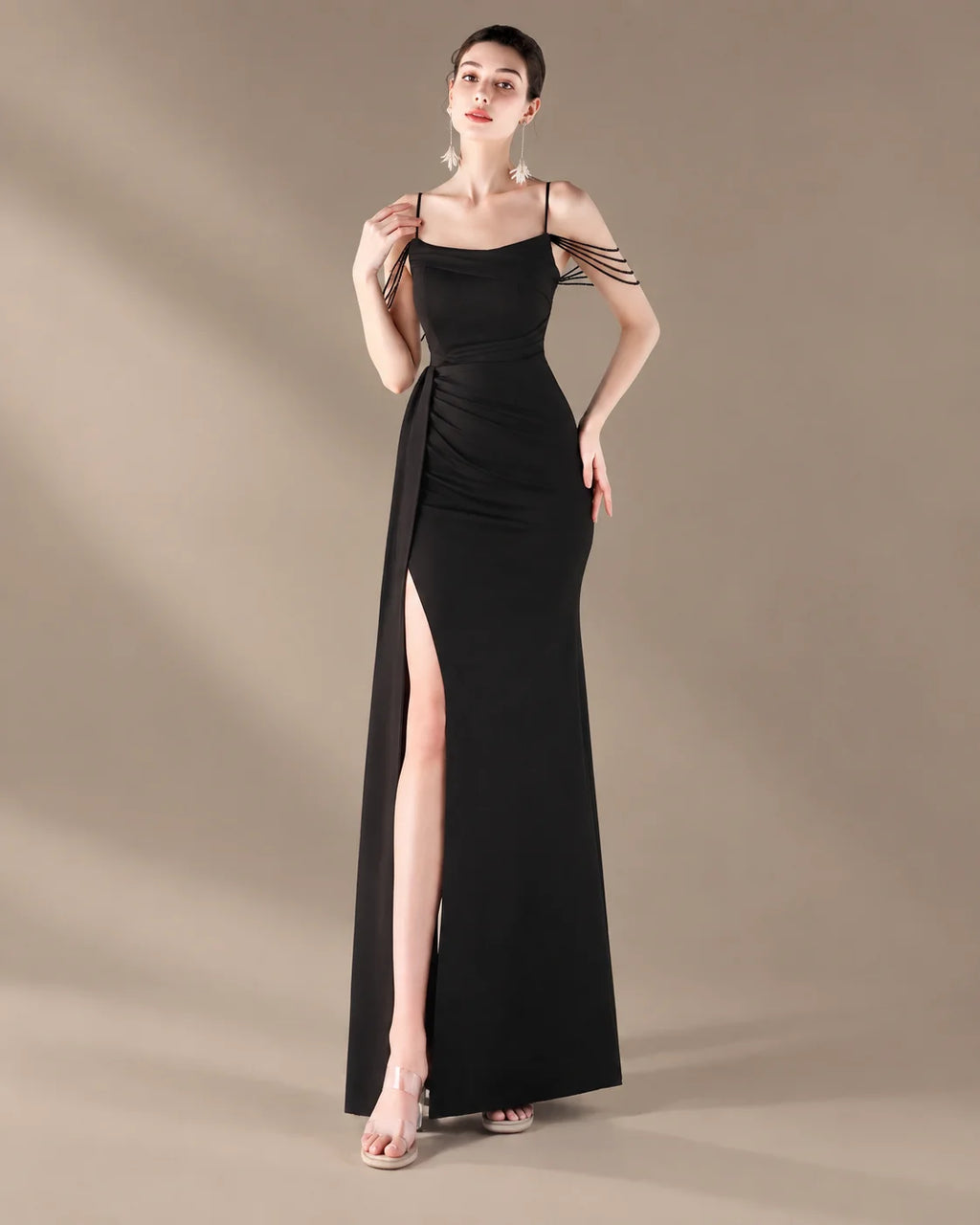 Spaghetti Strap Beaded Chain Draped Satin Mermaid Gown | Oyese