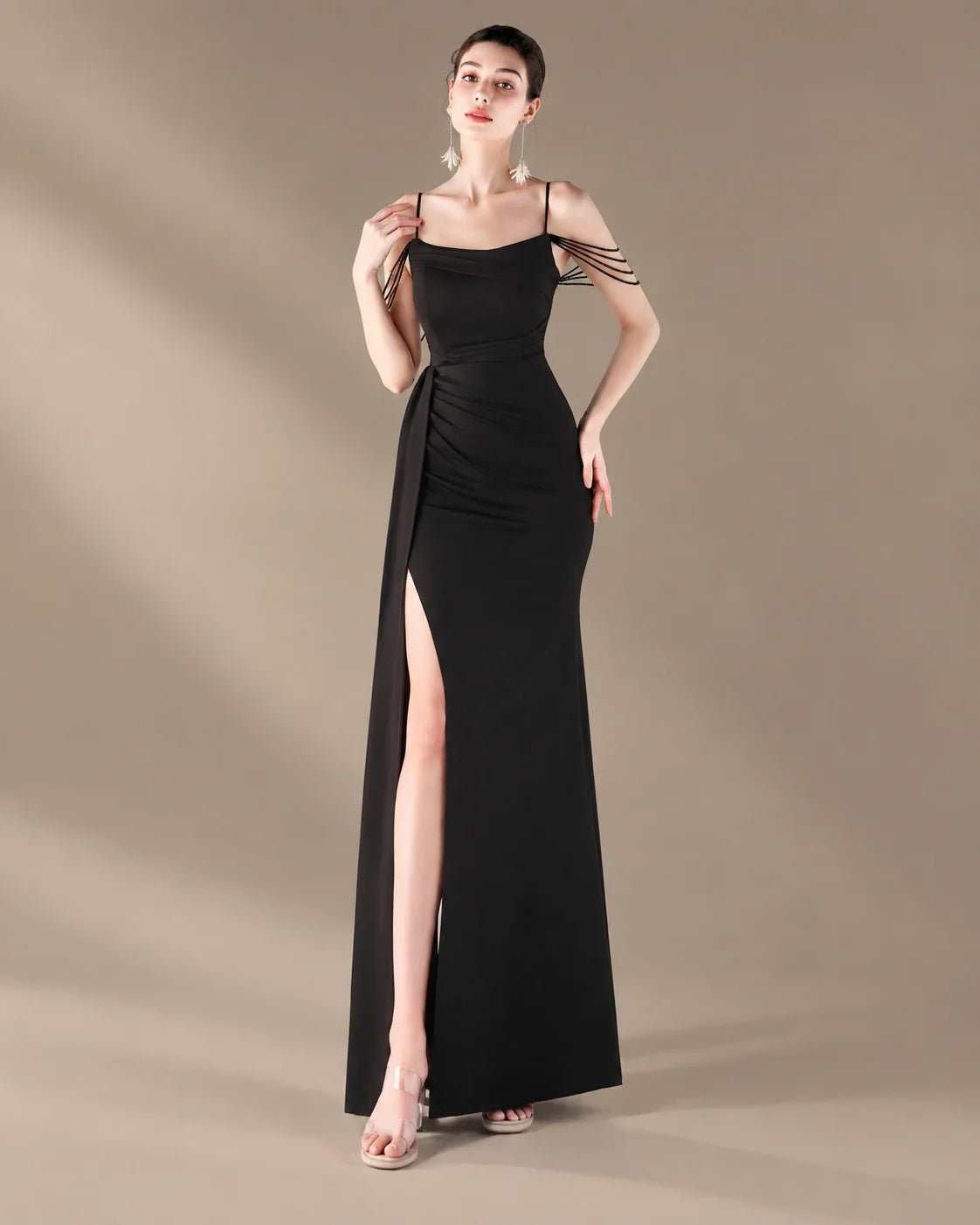Spaghetti Strap Beaded Chain Draped Satin Mermaid Gown | Oyese