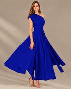 One-Shoulder Cap Sleeve Belted Fit and Flare Midi Dress | Oyese