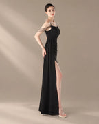 Spaghetti Strap Beaded Chain Draped Satin Mermaid Gown | Oyese