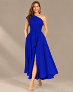One-Shoulder Cap Sleeve Belted Fit and Flare Midi Dress | Oyese
