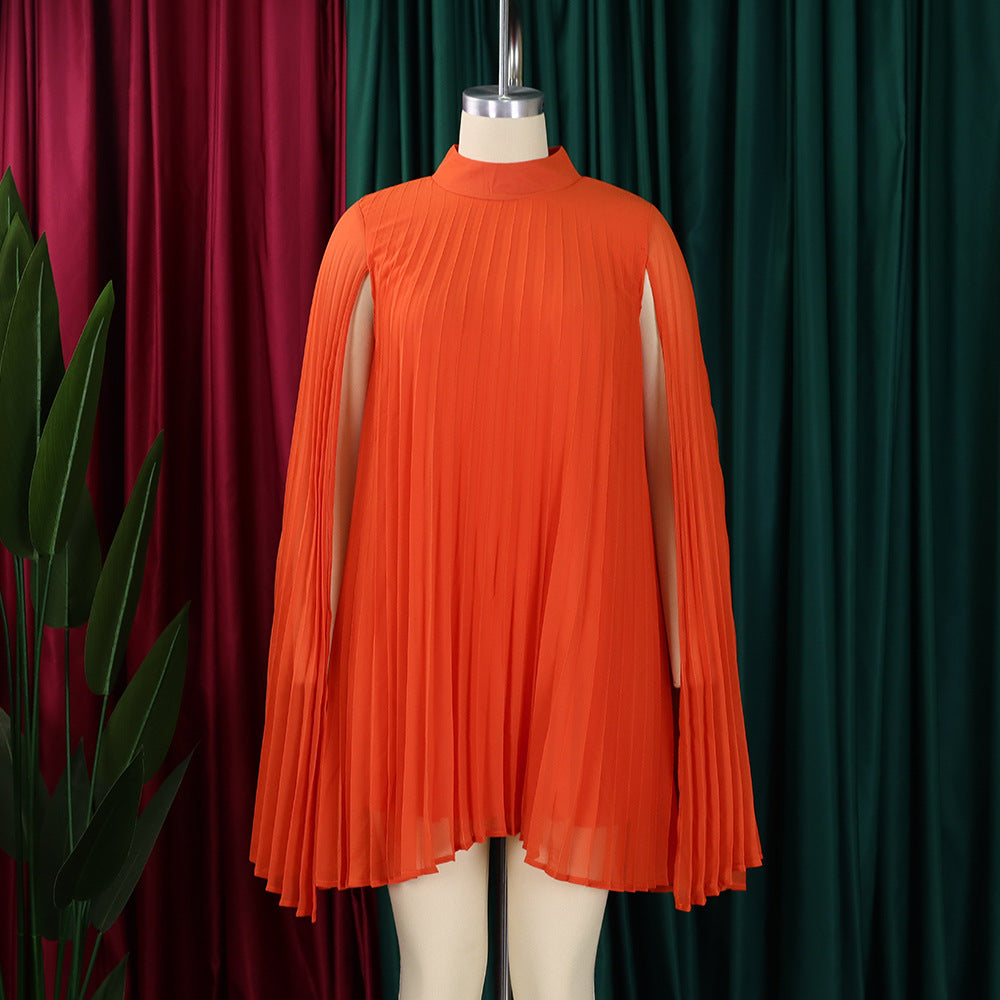 Mock Neck Pleated Chiffon Cape Shift Dress | Oyese