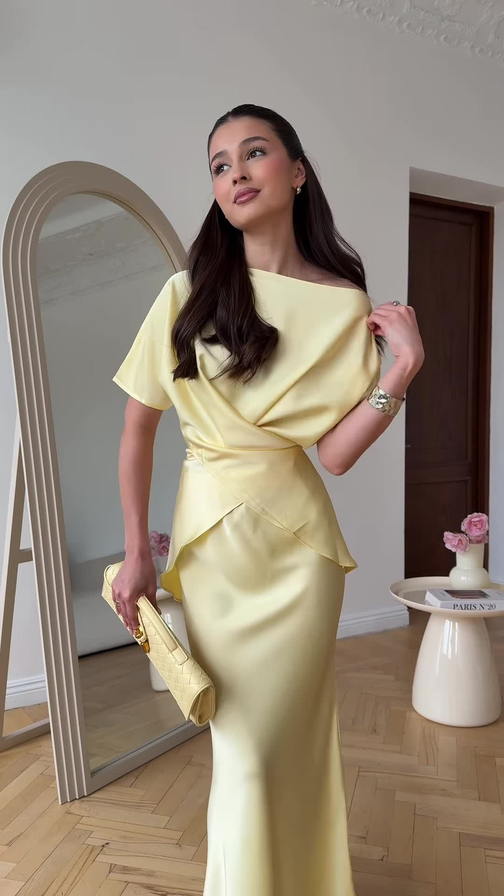 Lemon Satin Off-Shoulder Wrap Top & Maxi Skirt Set