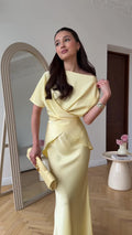 Lemon Satin Off-Shoulder Wrap Top & Maxi Skirt Set