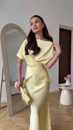 Lemon Satin Off-Shoulder Wrap Top & Maxi Skirt Set