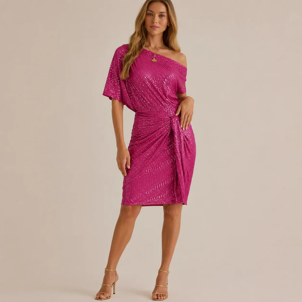 One Shoulder Sequin Ruched Cocktail Dress – Evening Party Glam | Oyese