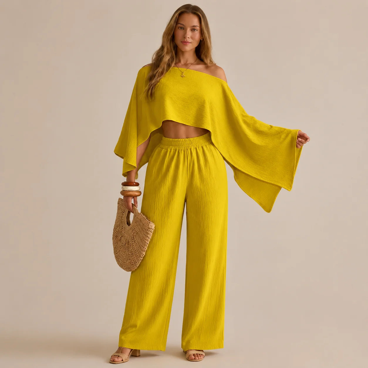Off-Shoulder Cape Top & Wide Leg Pants Set – Beach Vacation 2-Piece | Oyese