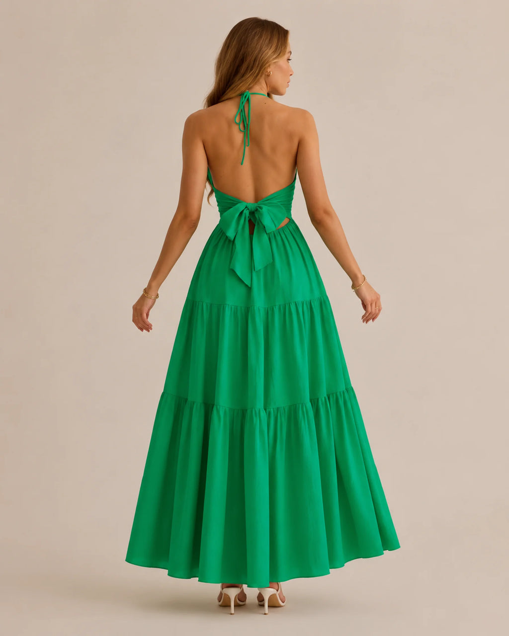 Halter Deep V-Neck Tiered Maxi Dress – Flowy Vacation Beach Dress | Oyese
