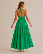 Halter Deep V-Neck Tiered Maxi Dress – Flowy Vacation Beach Dress | Oyese