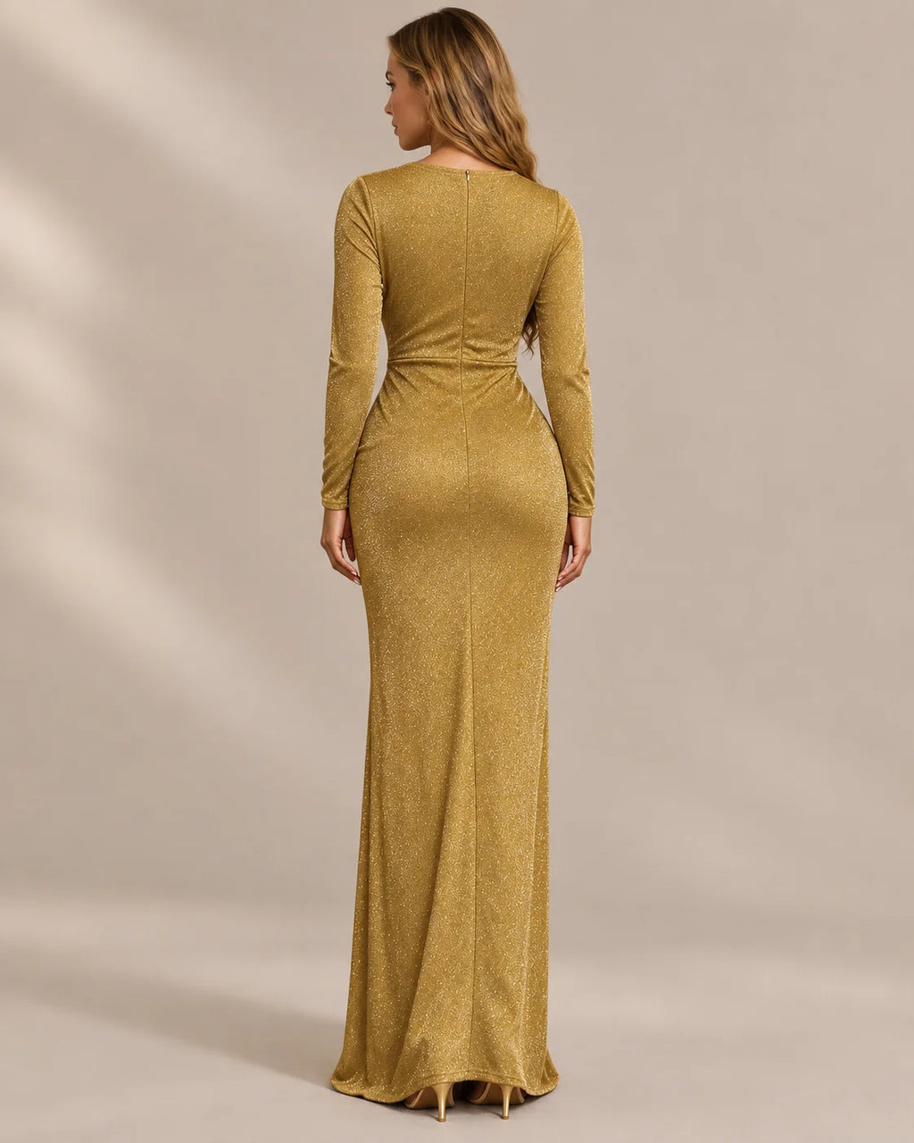 Shimmer Wrap V Neck Long Sleeve Maxi Dress – High Slit Evening Gown | Oyese