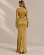 Shimmer Wrap V Neck Long Sleeve Maxi Dress – High Slit Evening Gown | Oyese
