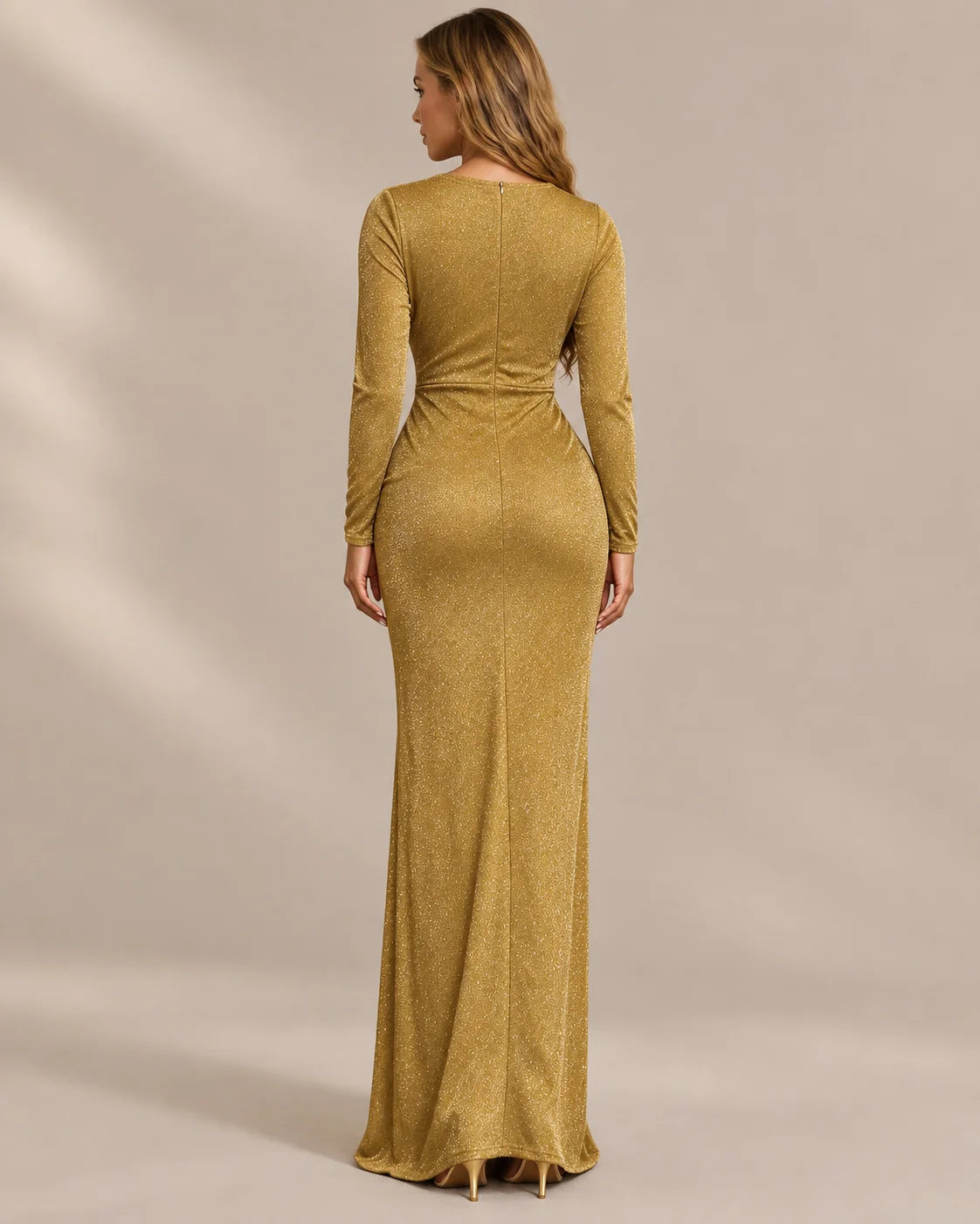 Shimmer Wrap V Neck Long Sleeve Maxi Dress – High Slit Evening Gown | Oyese