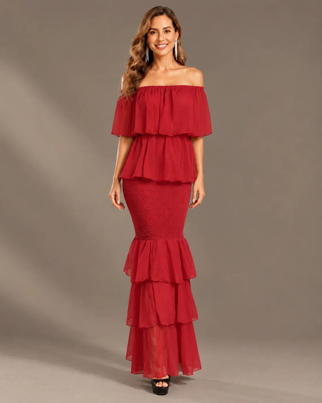 Strapless Pleated Tiered Ruffle Fitted Maxi Dress | Oyese