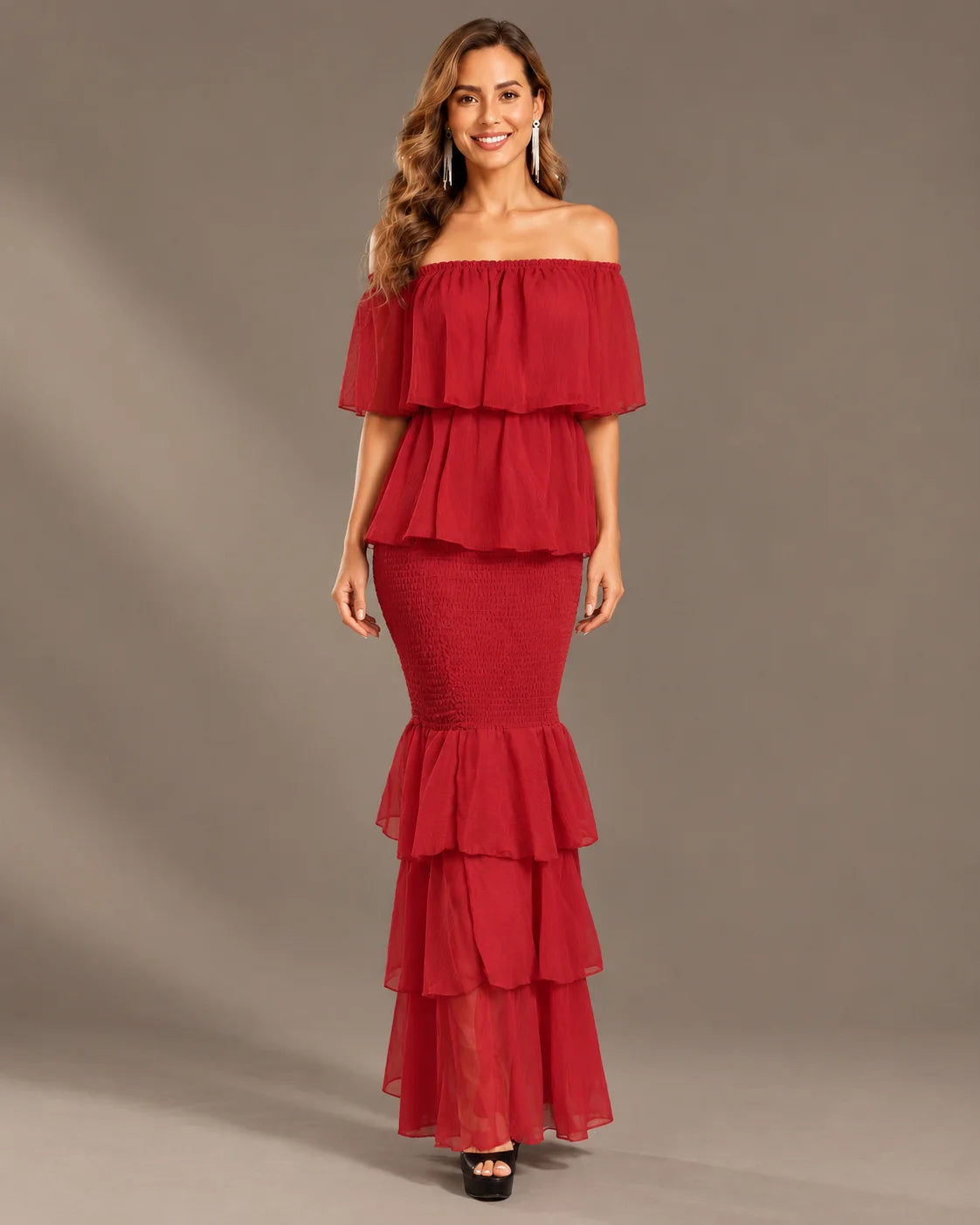 Strapless Pleated Tiered Ruffle Fitted Maxi Dress | Oyese