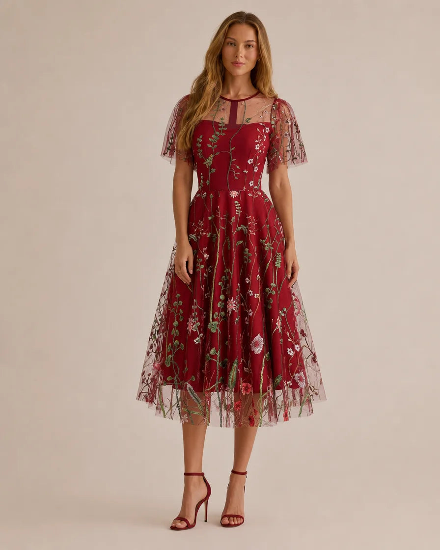 Embroidered Mesh Flutter Sleeve Midi Dress – Vintage Floral A-Line Gown | Oyese