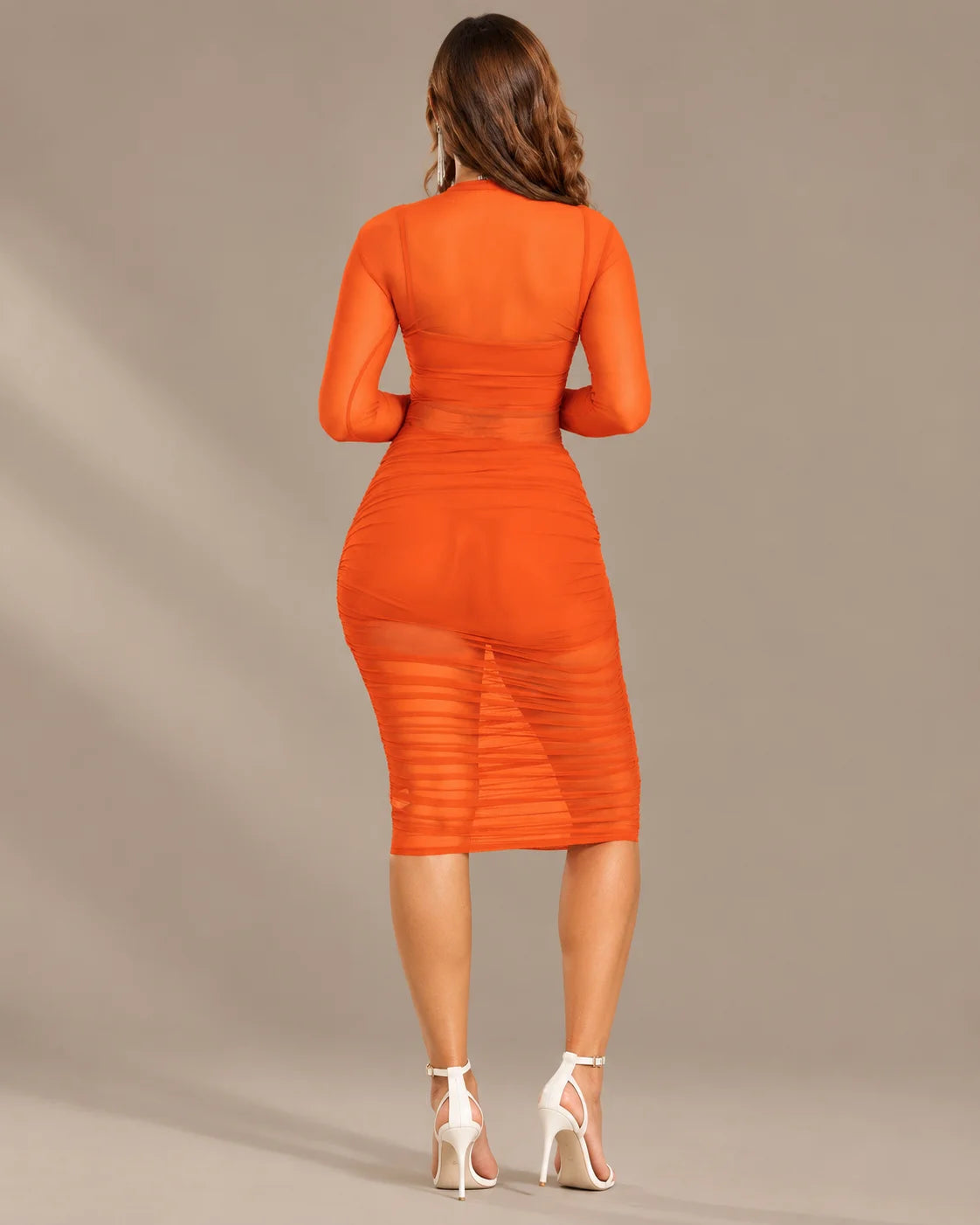 Mock Neck Long Sleeve Mesh Ruched Bodycon Dress 3 Piece Set | Oyese