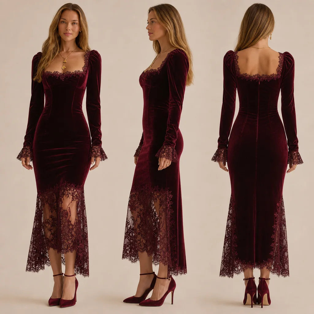 Velvet Lace Trim Bodycon Midi Dress – French Long Sleeve Evening Dress | Oyese