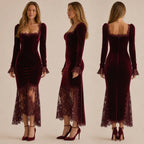 Velvet Lace Trim Bodycon Midi Dress – French Long Sleeve Evening Dress | Oyese