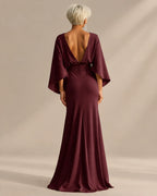 Satin Batwing Sleeve Maxi Dress with Pockets – Ruched Mermaid Evening Gown | Oyese