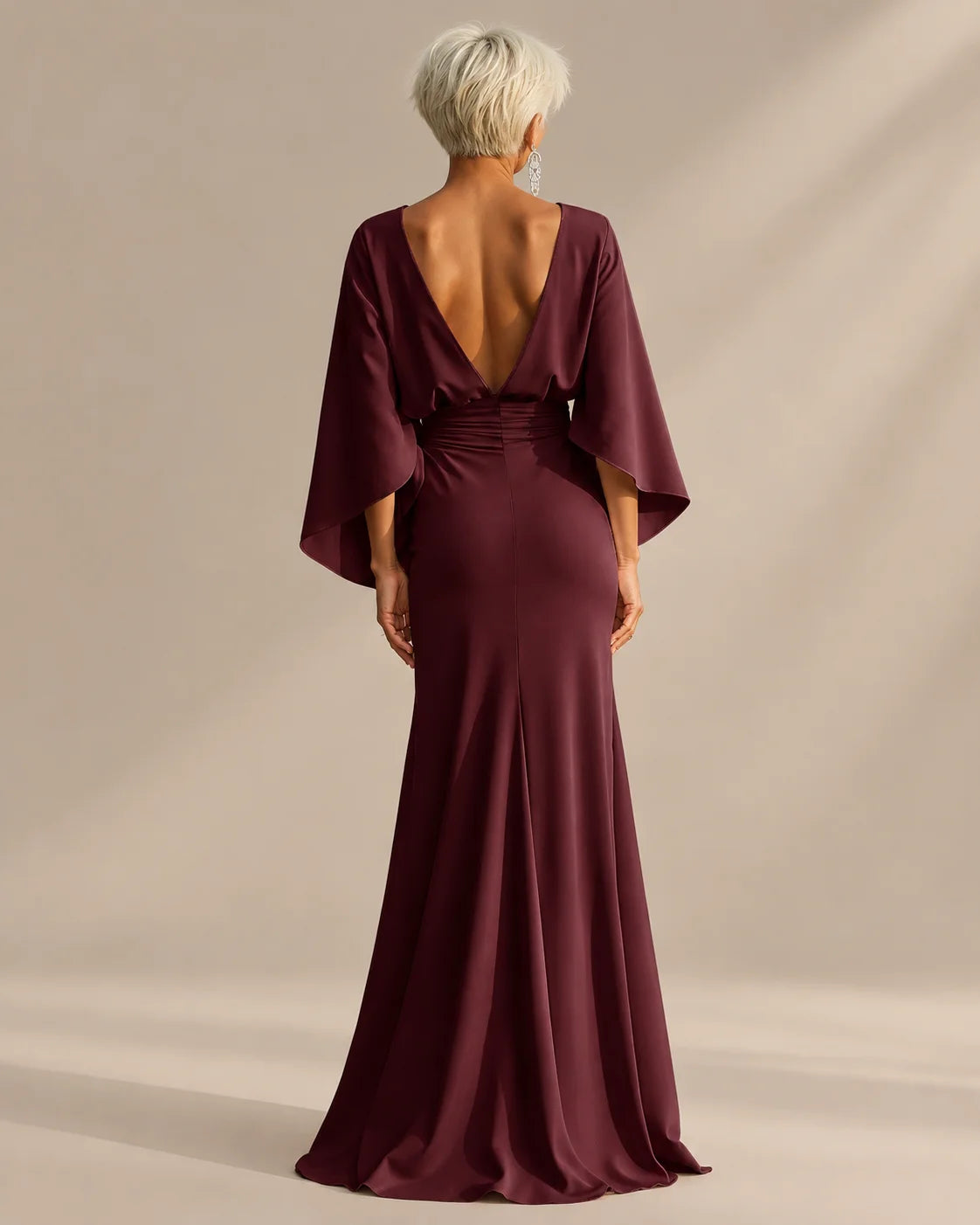 Satin Batwing Sleeve Maxi Dress with Pockets – Ruched Mermaid Evening Gown | Oyese