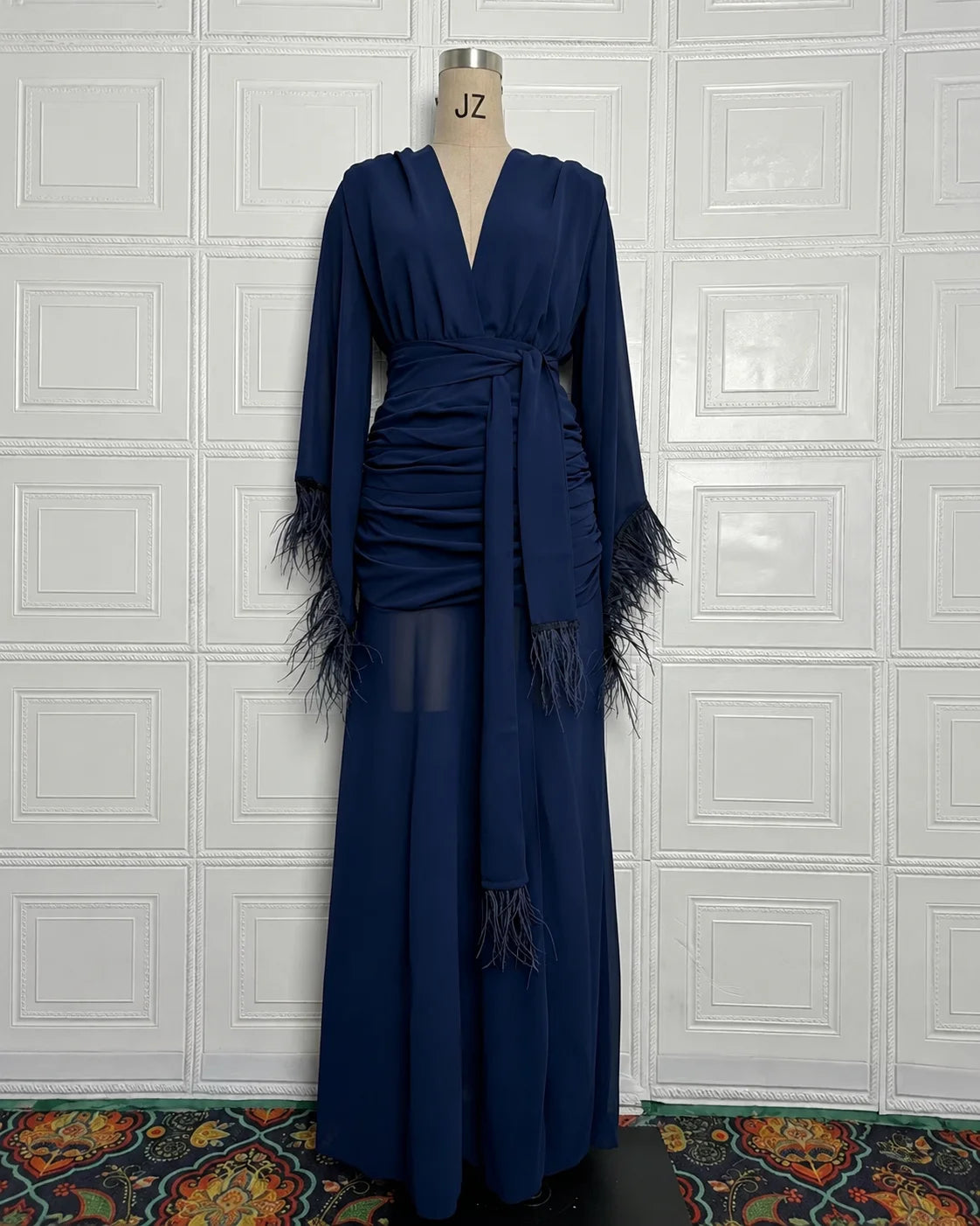 Deep V Long Sleeve Feather Cuff Maxi Dress with Slit | Oyese