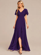 Double V-Neck Flutter Sleeve Flowy Slit Maxi Gown | Oyese