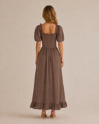 Off-Shoulder Corset Puff Sleeve Ruffle Maxi Dress – Renaissance Style | Oyese